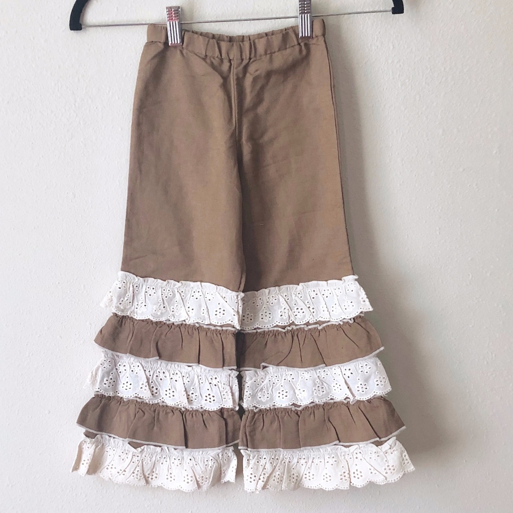 Reserved for Lydia: Mustard Pie Brown and White Ruffle Eyelet Bell bottom Pants